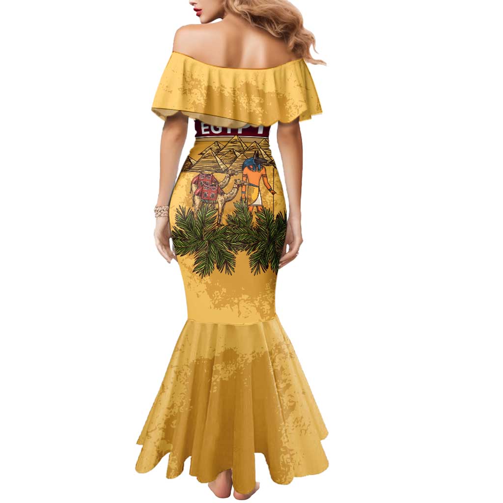 Egyptian Pyramids and Anubis Mermaid Dress with Camel Caravan Desert