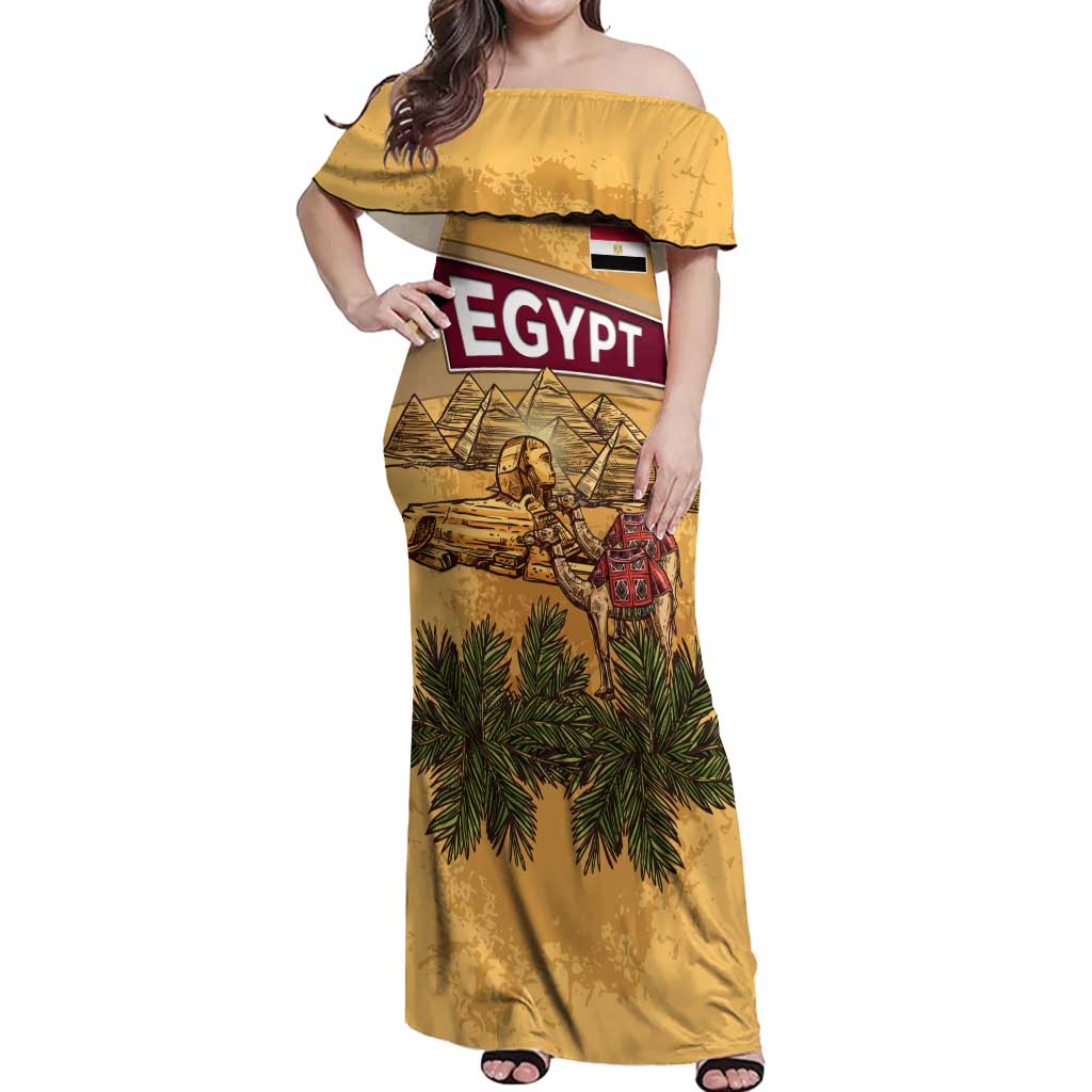 Egyptian Pyramids and Anubis Off Shoulder Maxi Dress with Camel Caravan Desert