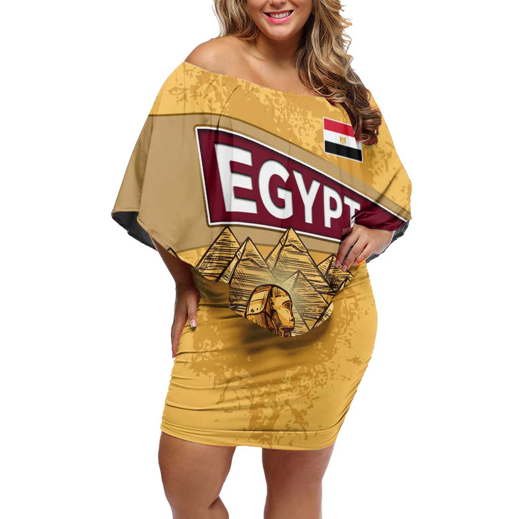 Egyptian Pyramids and Anubis Off Shoulder Short Dress with Camel Caravan Desert