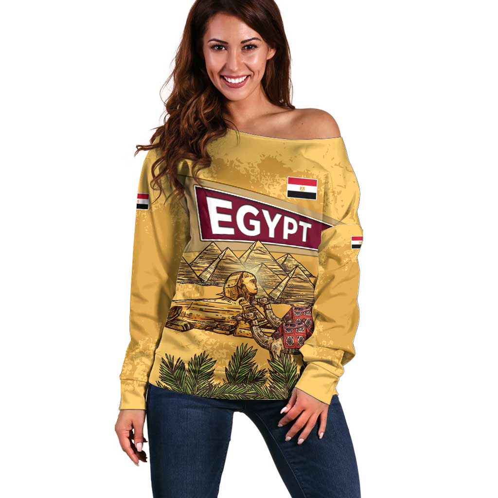 Egyptian Pyramids and Anubis Off Shoulder Sweater with Camel Caravan Desert