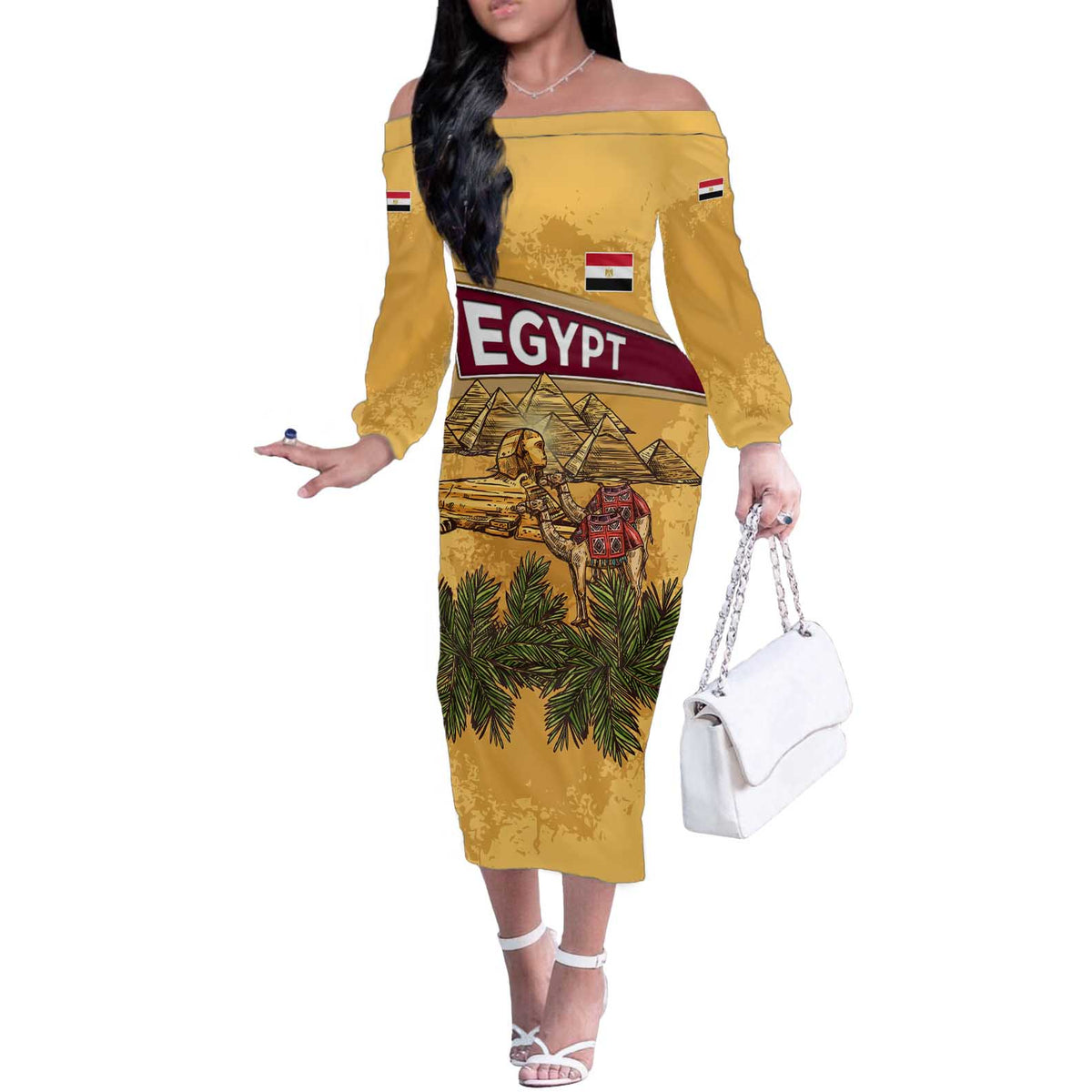 Egyptian Pyramids and Anubis Off The Shoulder Long Sleeve Dress with Camel Caravan Desert