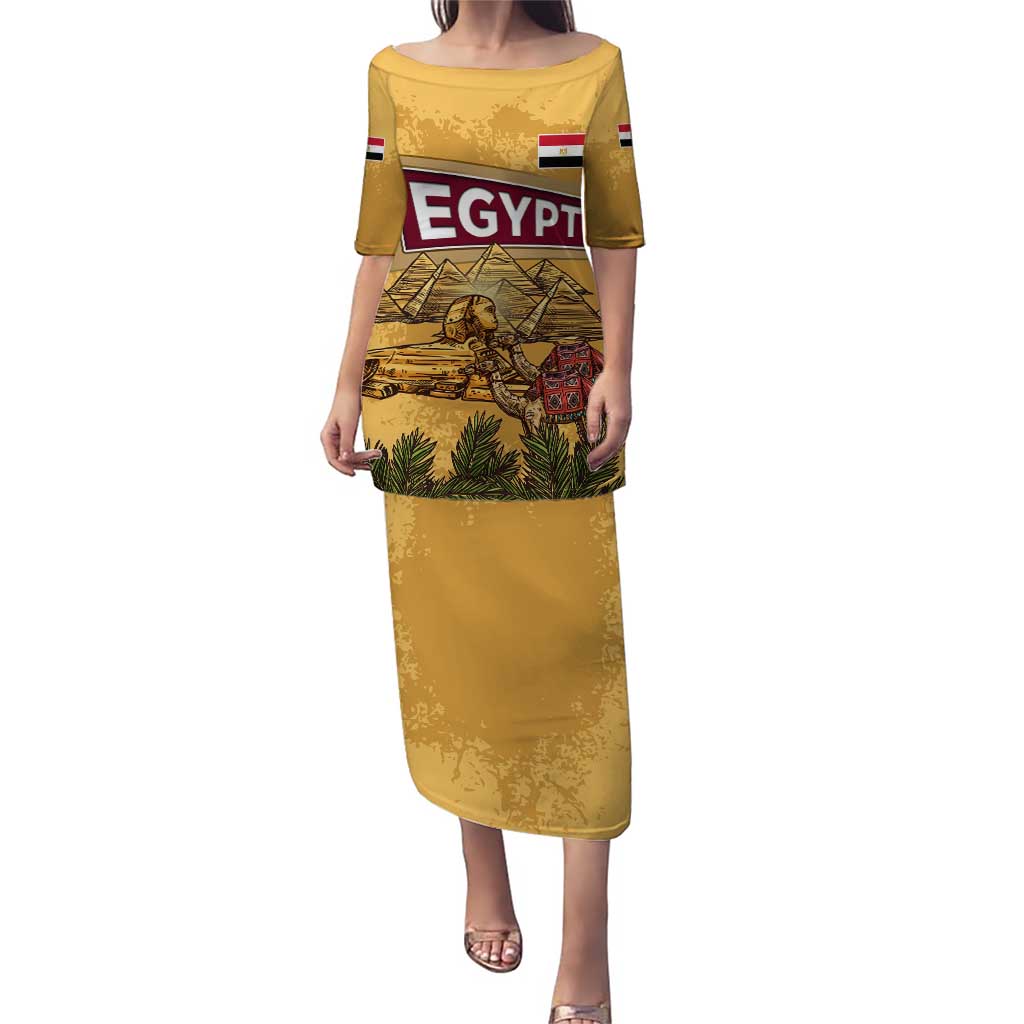 Egyptian Pyramids and Anubis Puletasi with Camel Caravan Desert