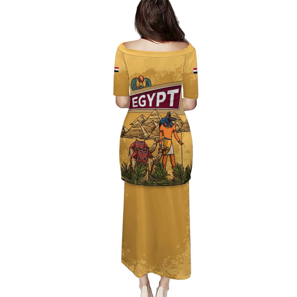 Egyptian Pyramids and Anubis Puletasi with Camel Caravan Desert