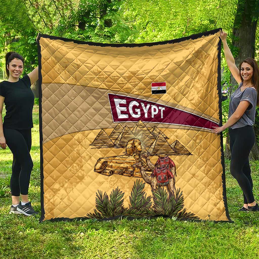 Egyptian Pyramids and Anubis Quilt with Camel Caravan Desert