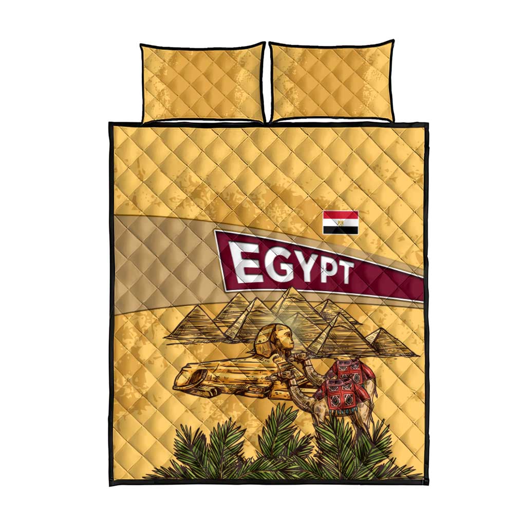 Egyptian Pyramids and Anubis Quilt Bed Set with Camel Caravan Desert