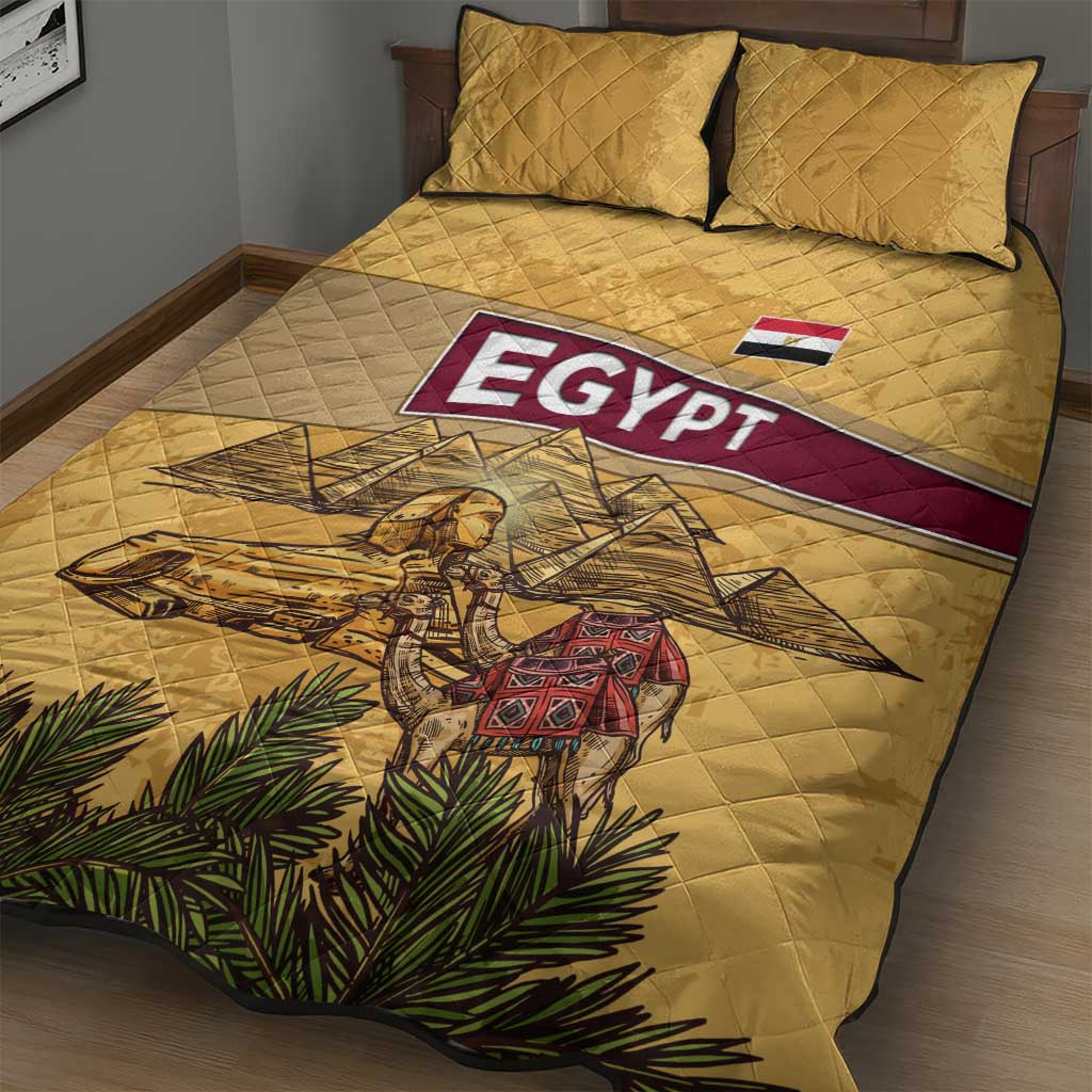 Egyptian Pyramids and Anubis Quilt Bed Set with Camel Caravan Desert
