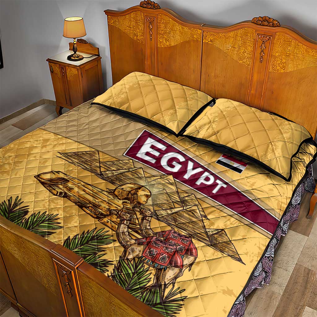 Egyptian Pyramids and Anubis Quilt Bed Set with Camel Caravan Desert