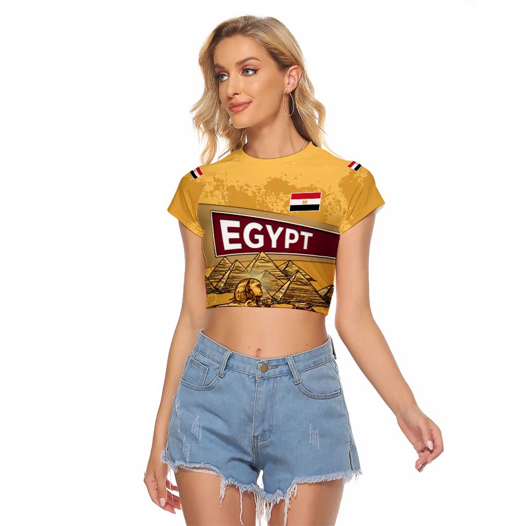 Egyptian Pyramids and Anubis Raglan Cropped T Shirt with Camel Caravan Desert