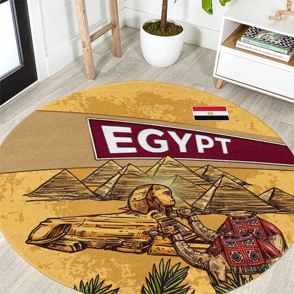 Egyptian Pyramids and Anubis Round Carpet with Camel Caravan Desert