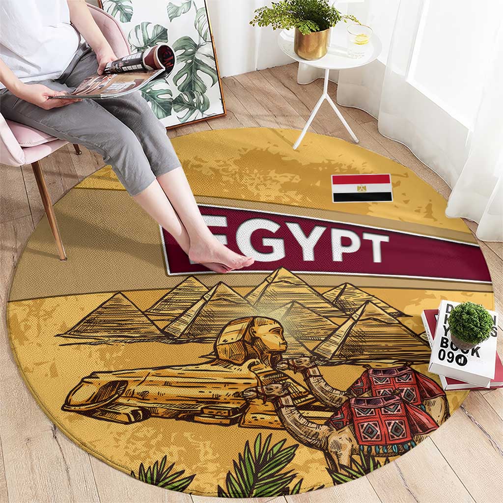 Egyptian Pyramids and Anubis Round Carpet with Camel Caravan Desert