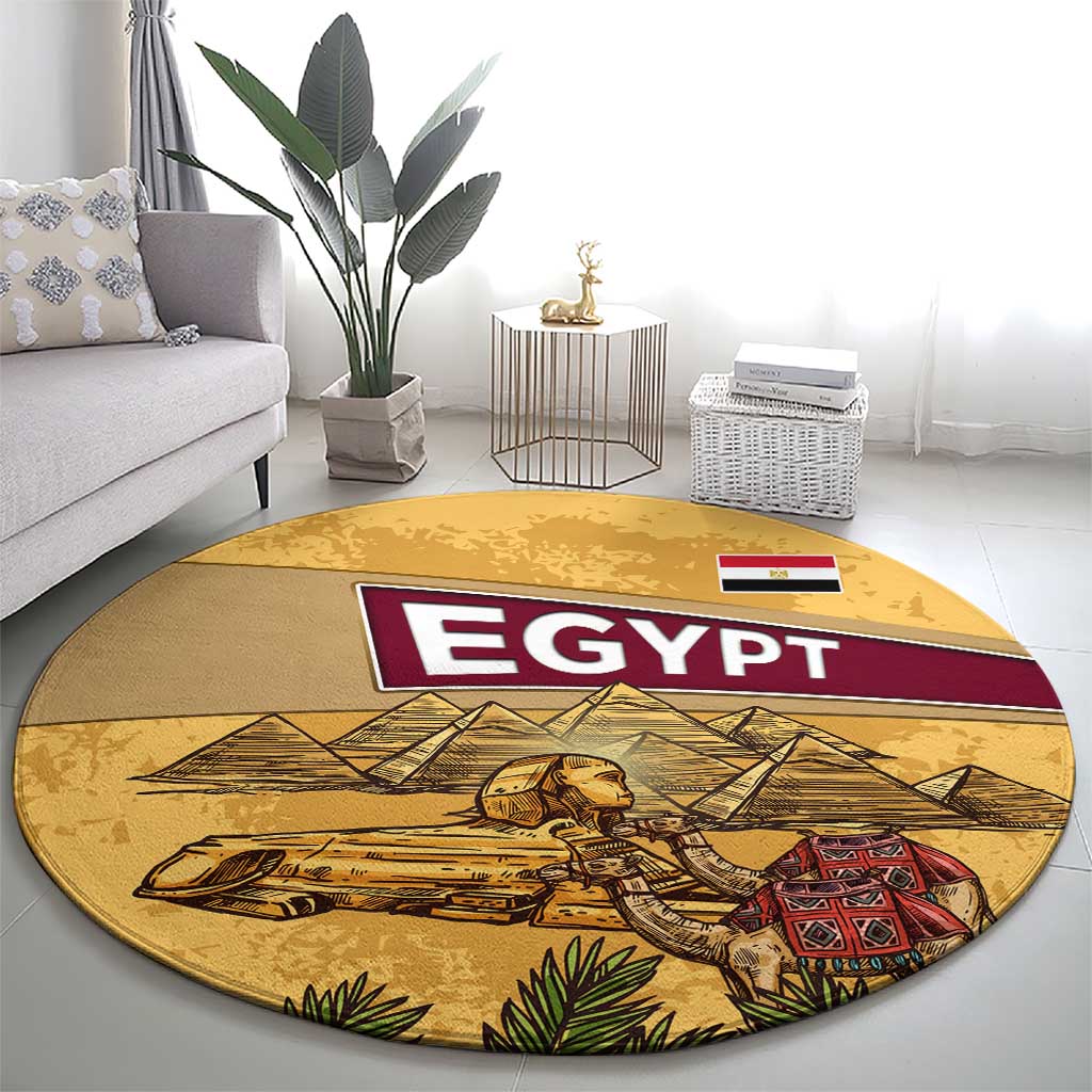 Egyptian Pyramids and Anubis Round Carpet with Camel Caravan Desert