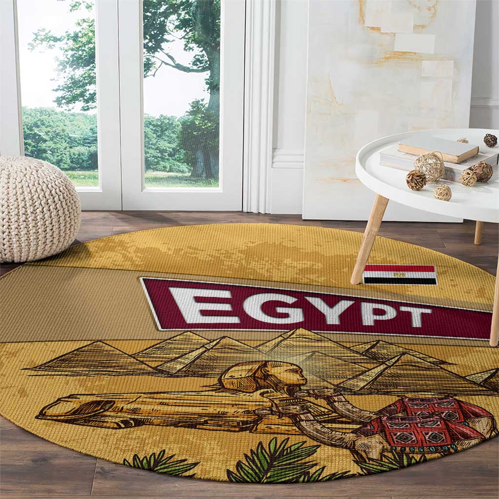 Egyptian Pyramids and Anubis Round Carpet with Camel Caravan Desert