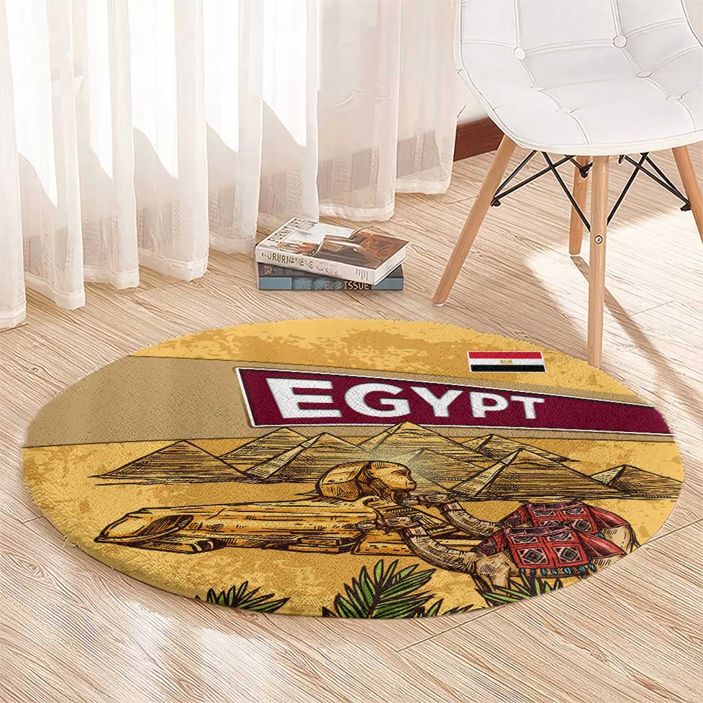 Egyptian Pyramids and Anubis Round Carpet with Camel Caravan Desert