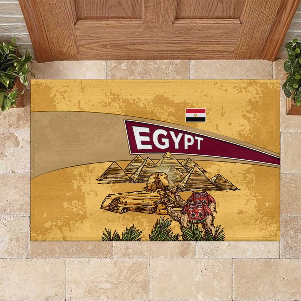 Egyptian Pyramids and Anubis Rubber Doormat with Camel Caravan Desert