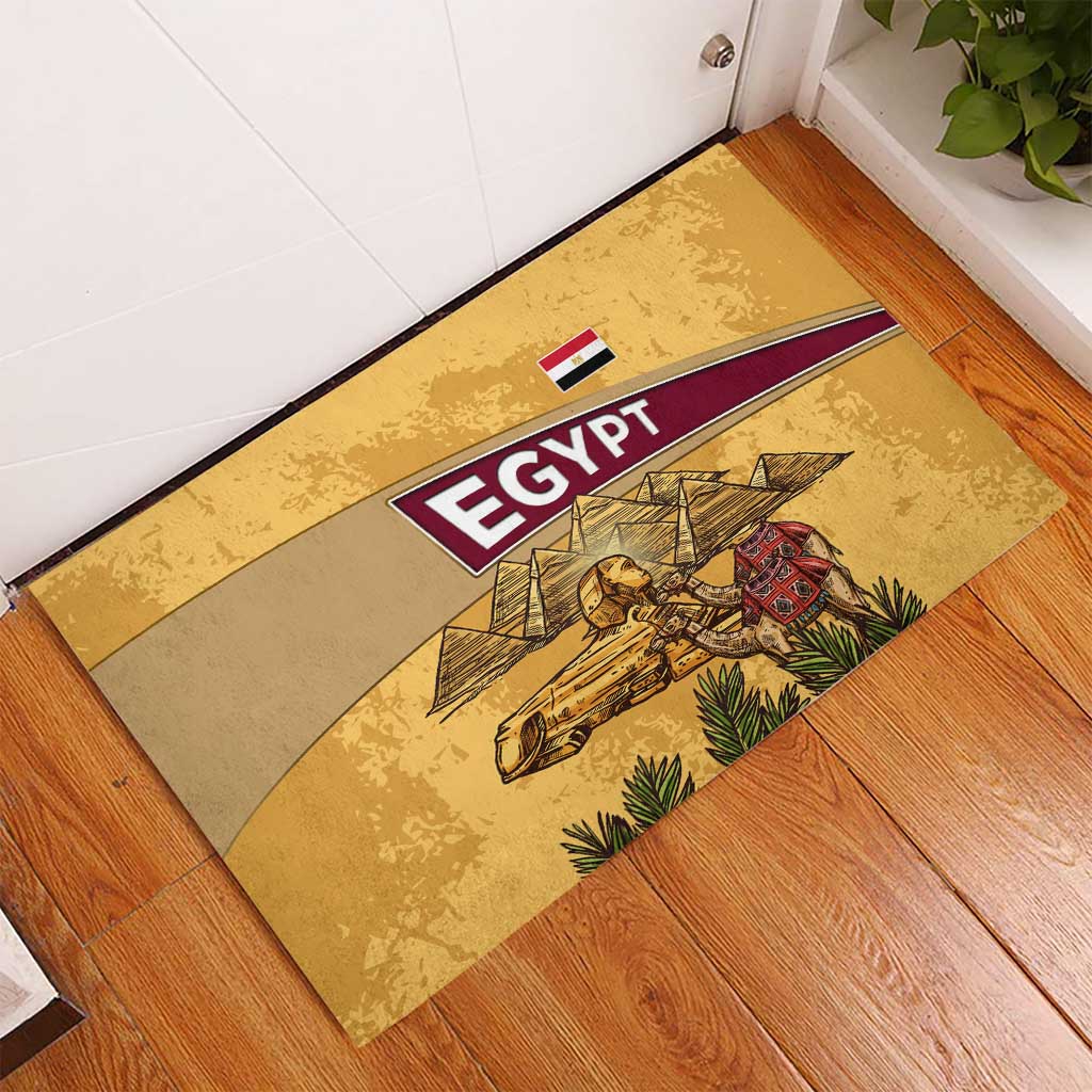 Egyptian Pyramids and Anubis Rubber Doormat with Camel Caravan Desert