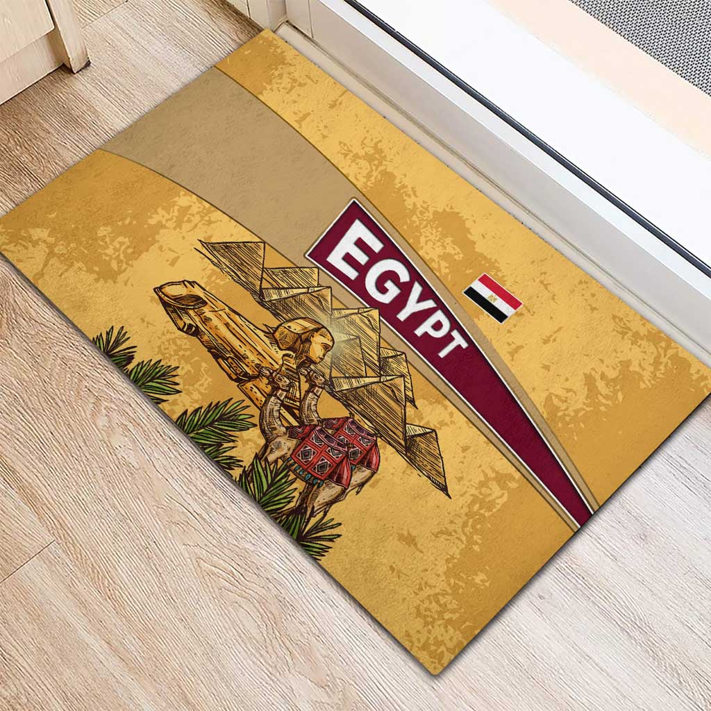 Egyptian Pyramids and Anubis Rubber Doormat with Camel Caravan Desert