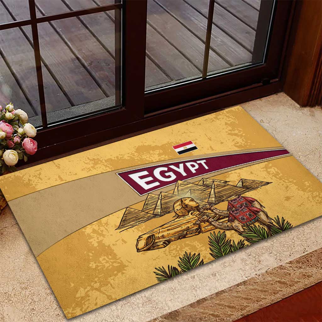 Egyptian Pyramids and Anubis Rubber Doormat with Camel Caravan Desert