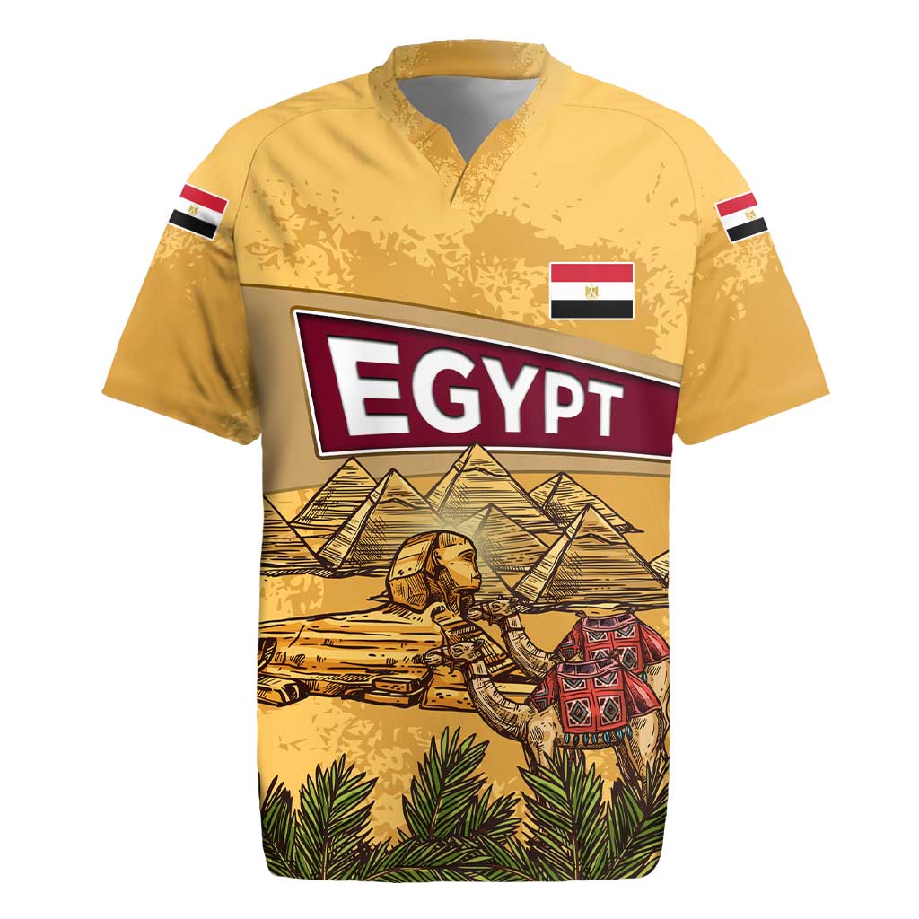 Egyptian Pyramids and Anubis Rugby Jersey with Camel Caravan Desert