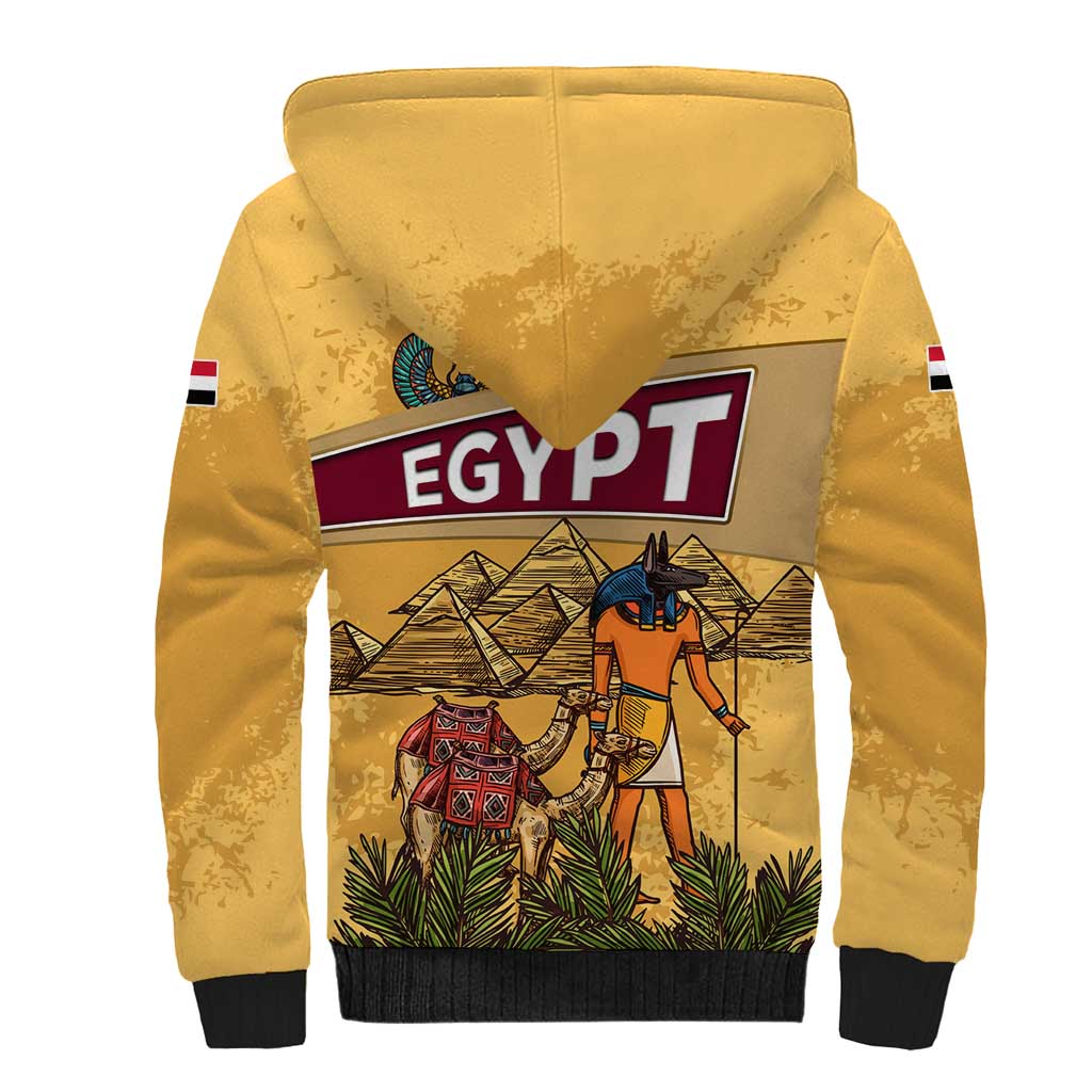 Egyptian Pyramids and Anubis Sherpa Hoodie with Camel Caravan Desert