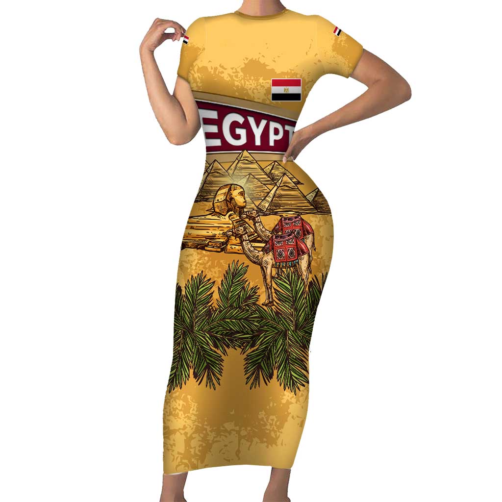 Egyptian Pyramids and Anubis Short Sleeve Bodycon Dress with Camel Caravan Desert