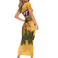 Egyptian Pyramids and Anubis Short Sleeve Bodycon Dress with Camel Caravan Desert