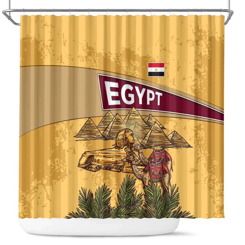 Egyptian Pyramids and Anubis Shower Curtain with Camel Caravan Desert