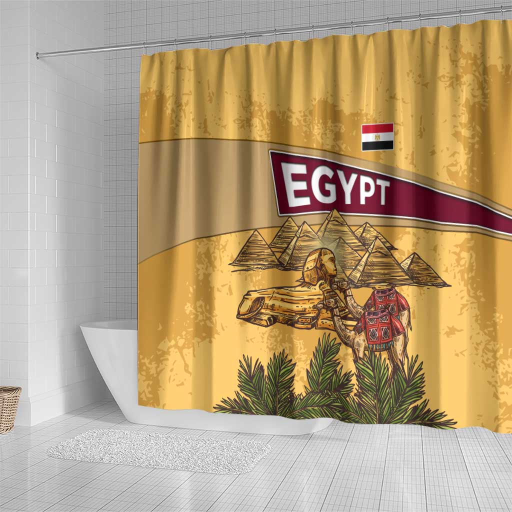 Egyptian Pyramids and Anubis Shower Curtain with Camel Caravan Desert