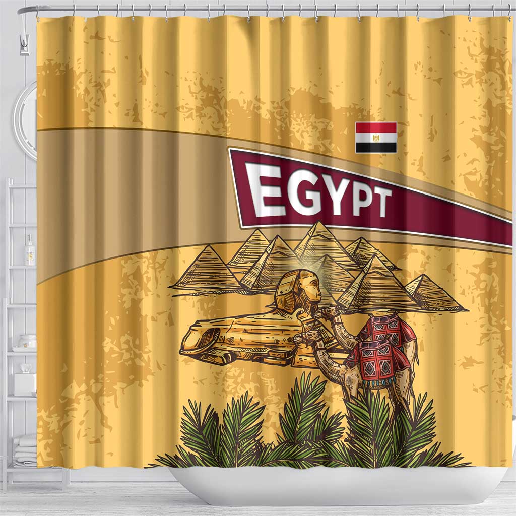 Egyptian Pyramids and Anubis Shower Curtain with Camel Caravan Desert