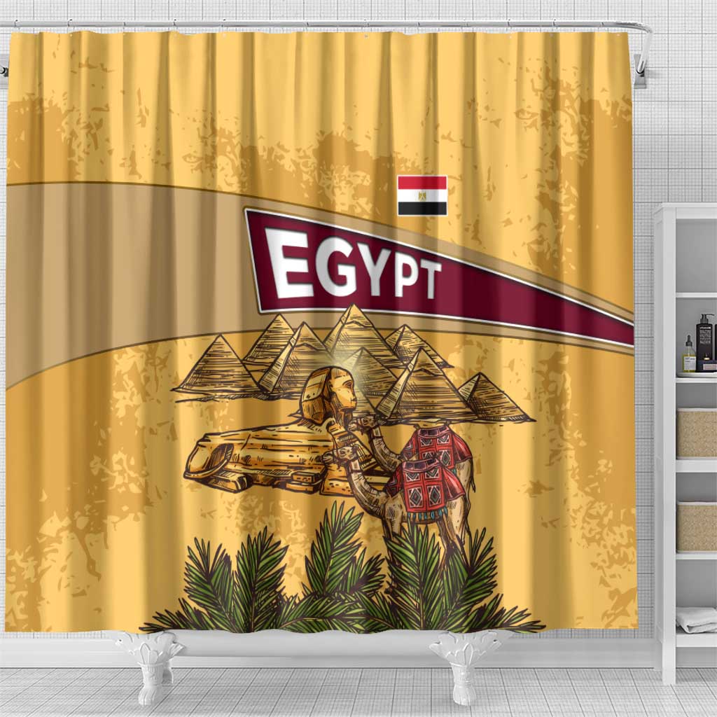 Egyptian Pyramids and Anubis Shower Curtain with Camel Caravan Desert