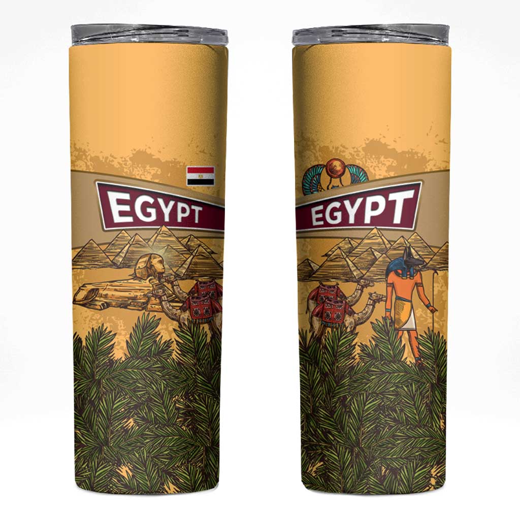 Egyptian Pyramids and Anubis Skinny Tumbler with Camel Caravan Desert