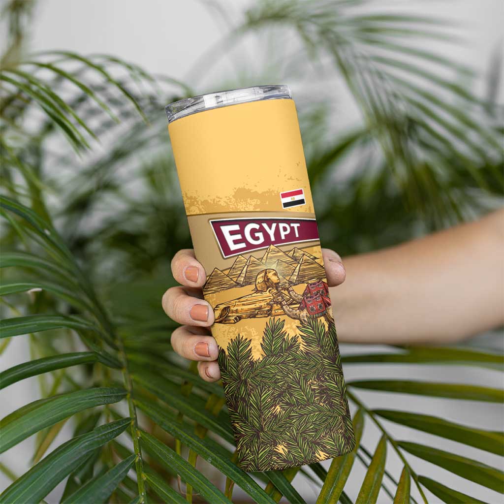Egyptian Pyramids and Anubis Skinny Tumbler with Camel Caravan Desert