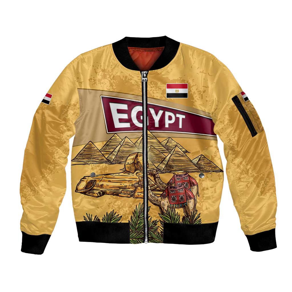 Egyptian Pyramids and Anubis Sleeve Zip Bomber Jacket with Camel Caravan Desert