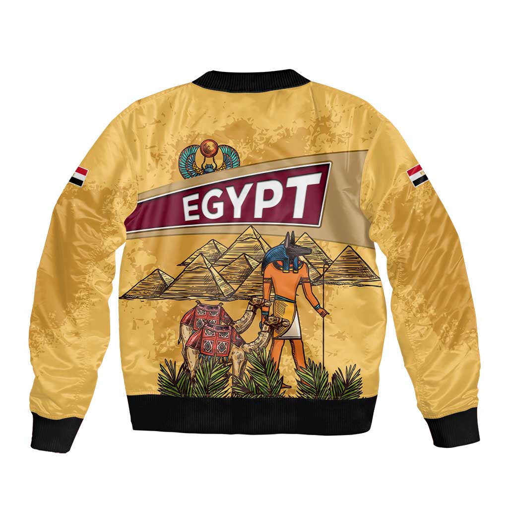 Egyptian Pyramids and Anubis Sleeve Zip Bomber Jacket with Camel Caravan Desert
