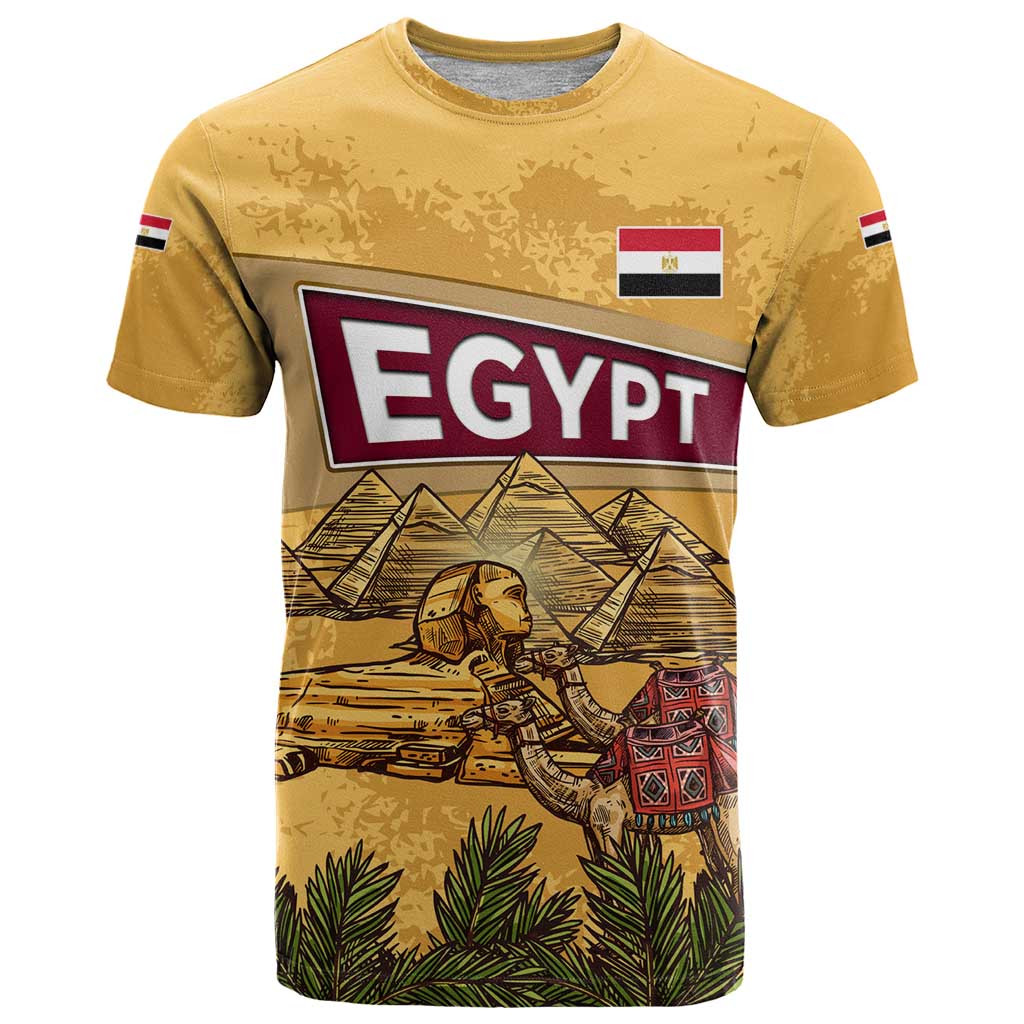 Egyptian Pyramids and Anubis T Shirt with Camel Caravan Desert