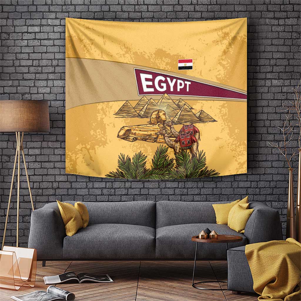 Egyptian Pyramids and Anubis Tapestry with Camel Caravan Desert