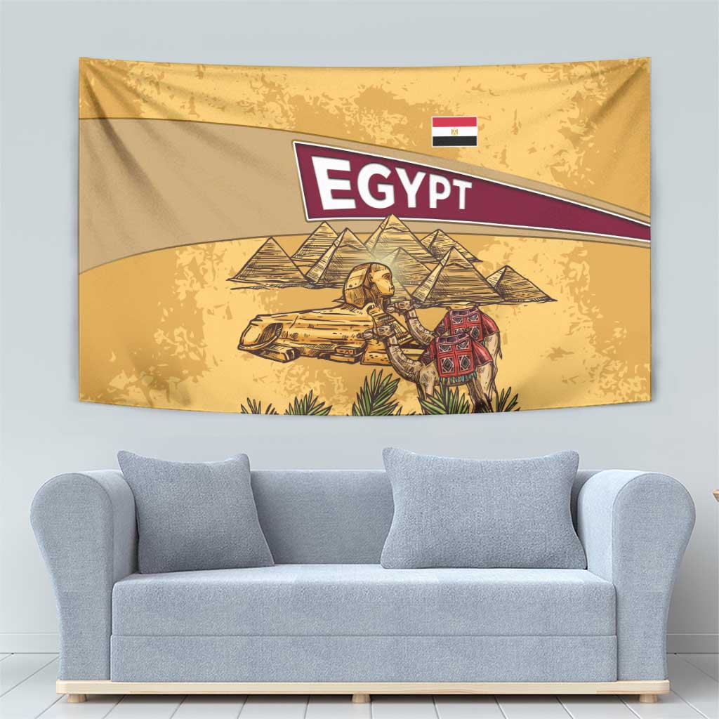 Egyptian Pyramids and Anubis Tapestry with Camel Caravan Desert