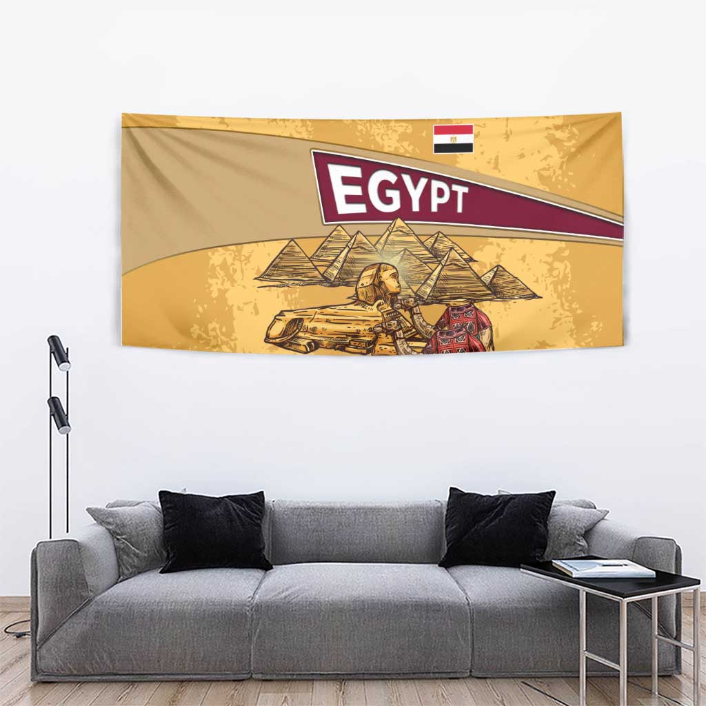Egyptian Pyramids and Anubis Tapestry with Camel Caravan Desert