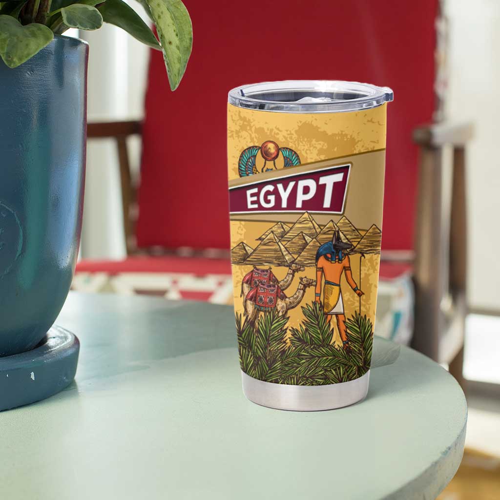 Egyptian Pyramids and Anubis Tumbler Cup with Camel Caravan Desert