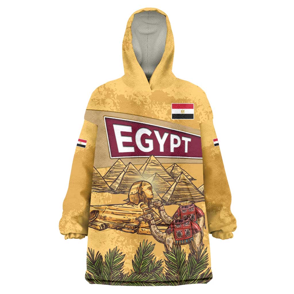 Egyptian Pyramids and Anubis Wearable Blanket Hoodie with Camel Caravan Desert