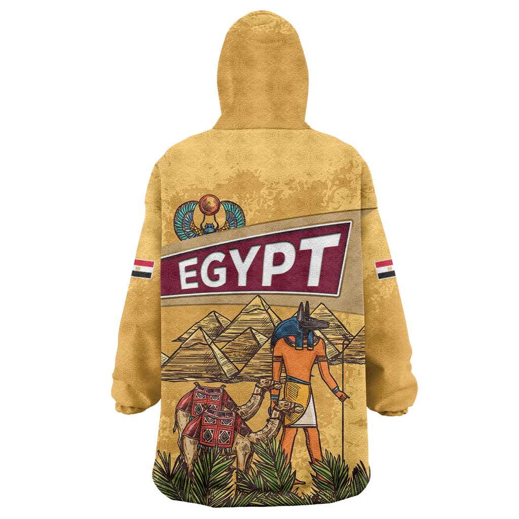 Egyptian Pyramids and Anubis Wearable Blanket Hoodie with Camel Caravan Desert