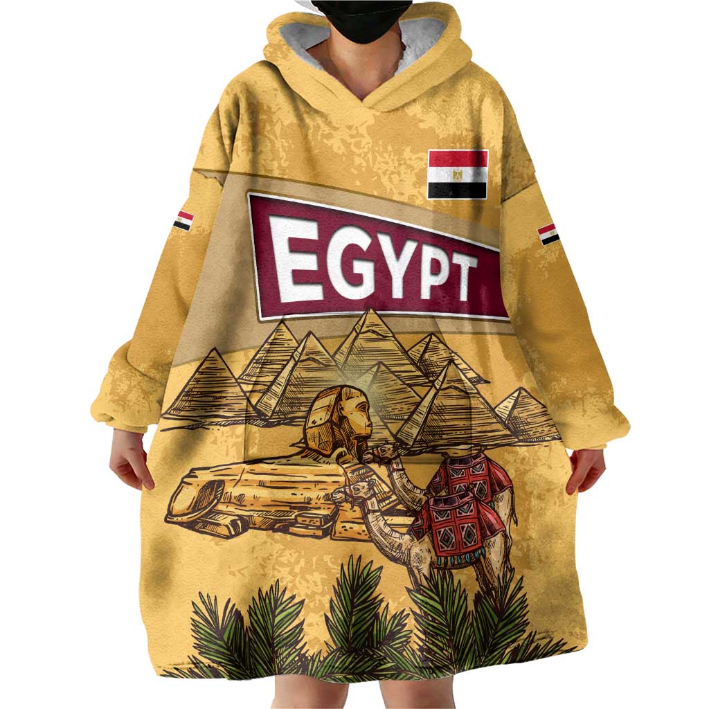 Egyptian Pyramids and Anubis Wearable Blanket Hoodie with Camel Caravan Desert