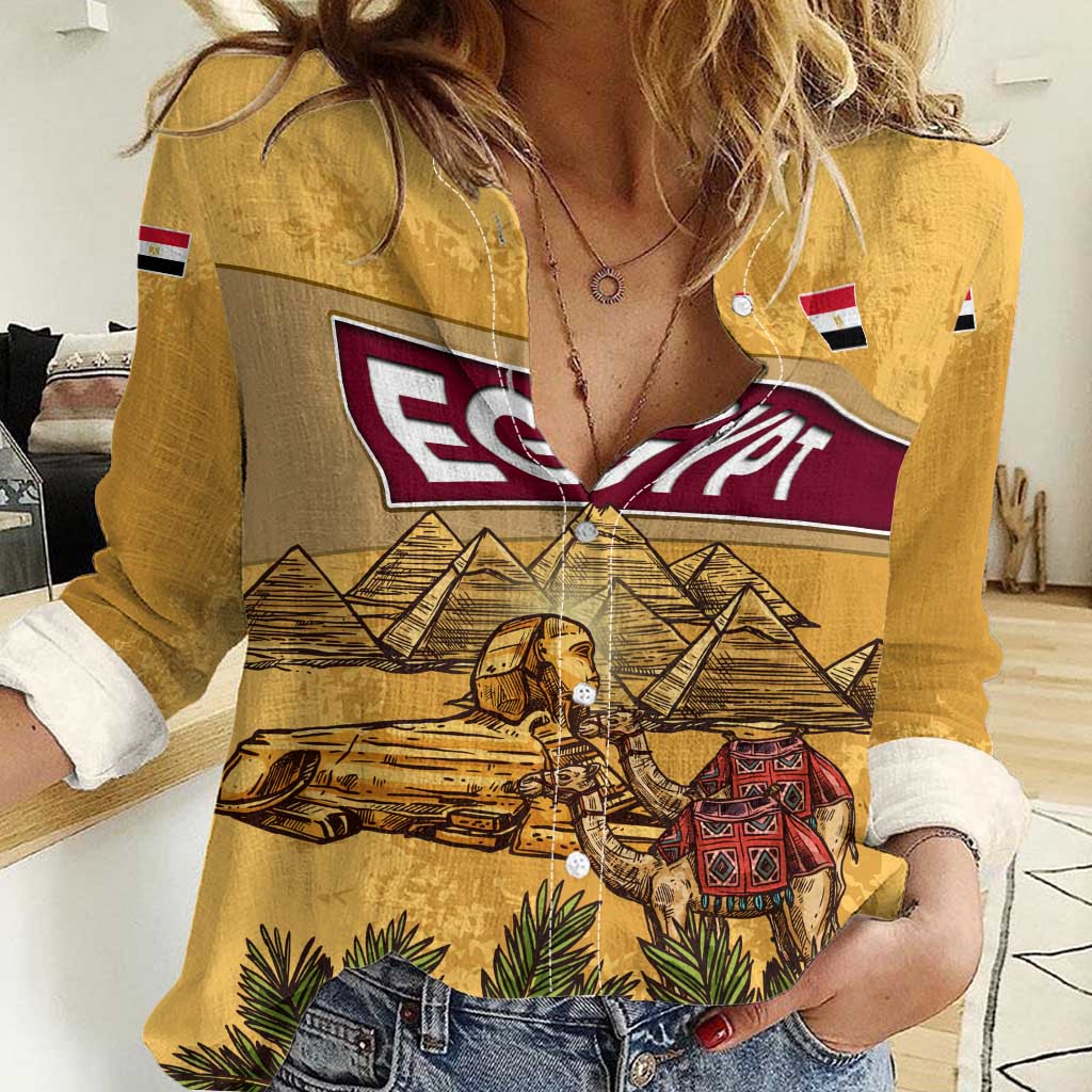 Egyptian Pyramids and Anubis Women Casual Shirt with Camel Caravan Desert