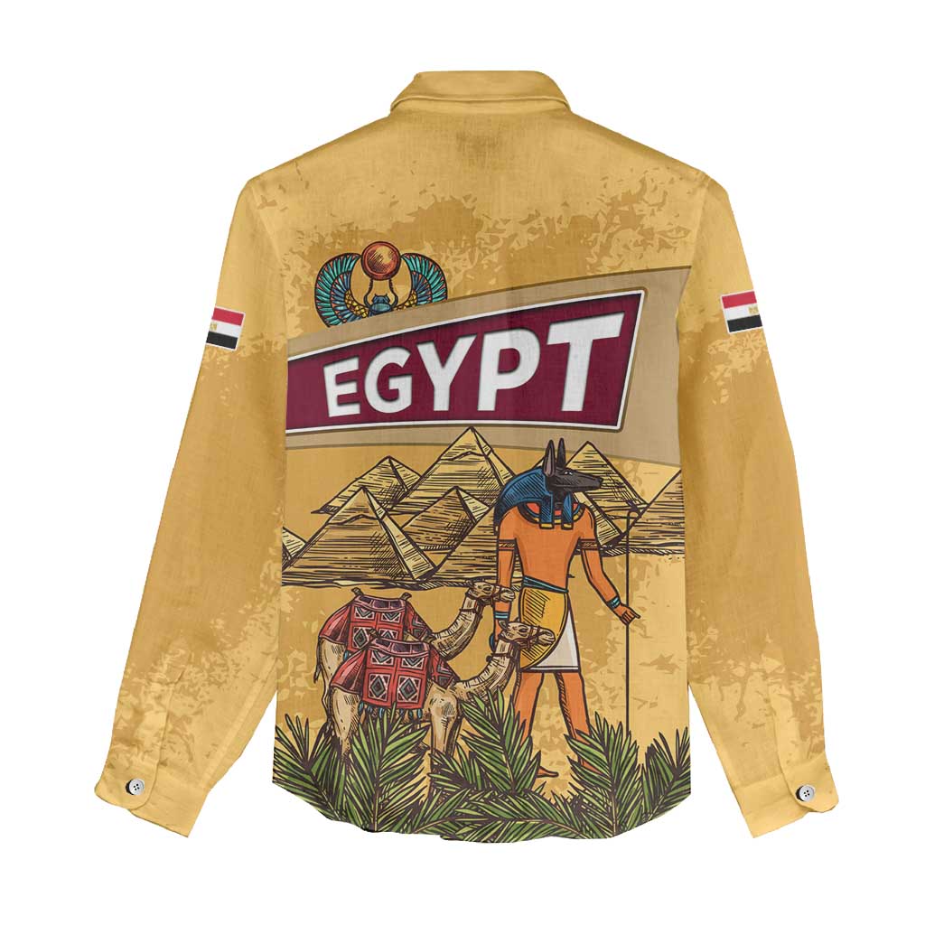 Egyptian Pyramids and Anubis Women Casual Shirt with Camel Caravan Desert