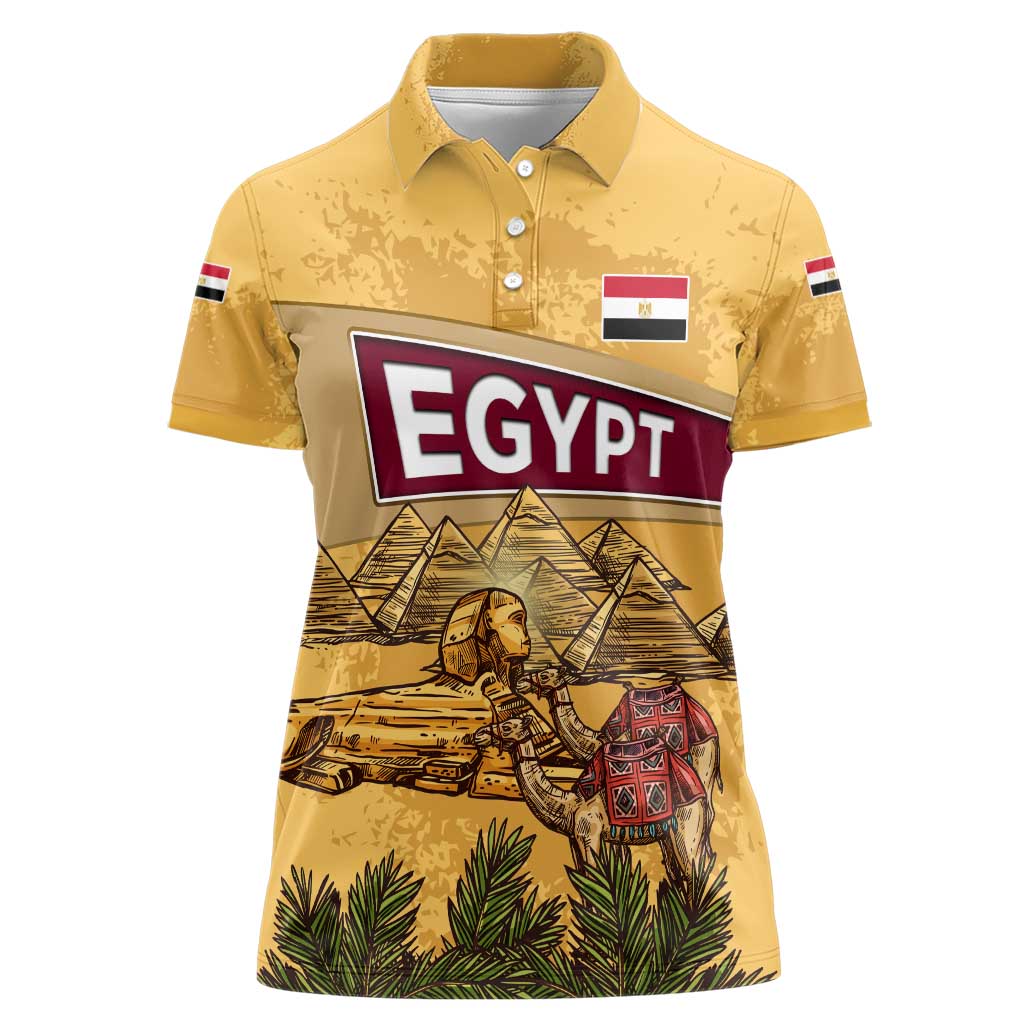 Egyptian Pyramids and Anubis Women Polo Shirt with Camel Caravan Desert