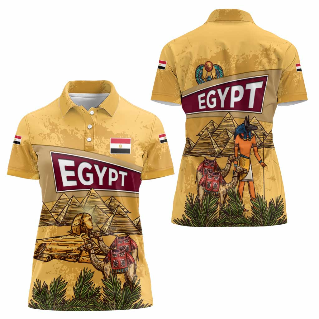 Egyptian Pyramids and Anubis Women Polo Shirt with Camel Caravan Desert
