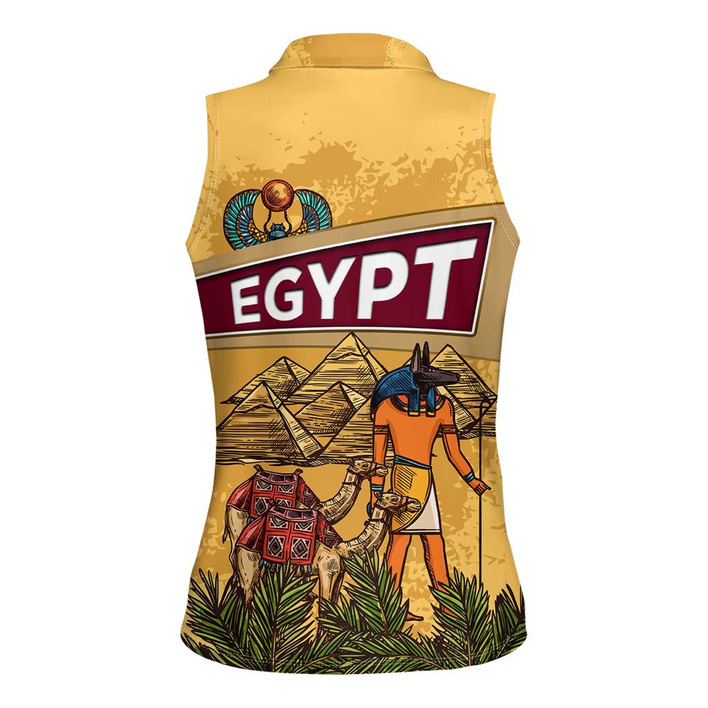 Egyptian Pyramids and Anubis Women Sleeveless Polo Shirt with Camel Caravan Desert