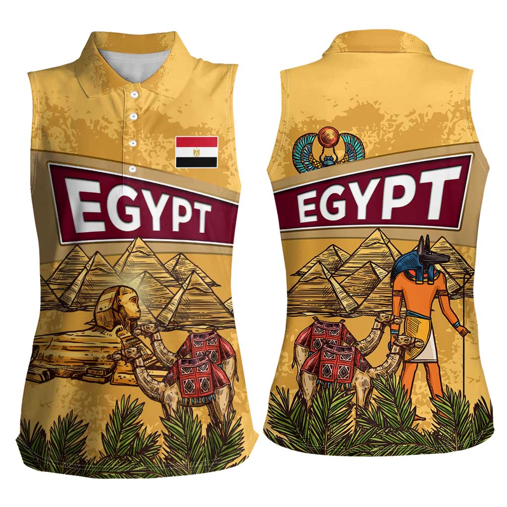 Egyptian Pyramids and Anubis Women Sleeveless Polo Shirt with Camel Caravan Desert