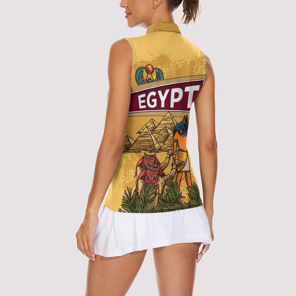 Egyptian Pyramids and Anubis Women Sleeveless Polo Shirt with Camel Caravan Desert