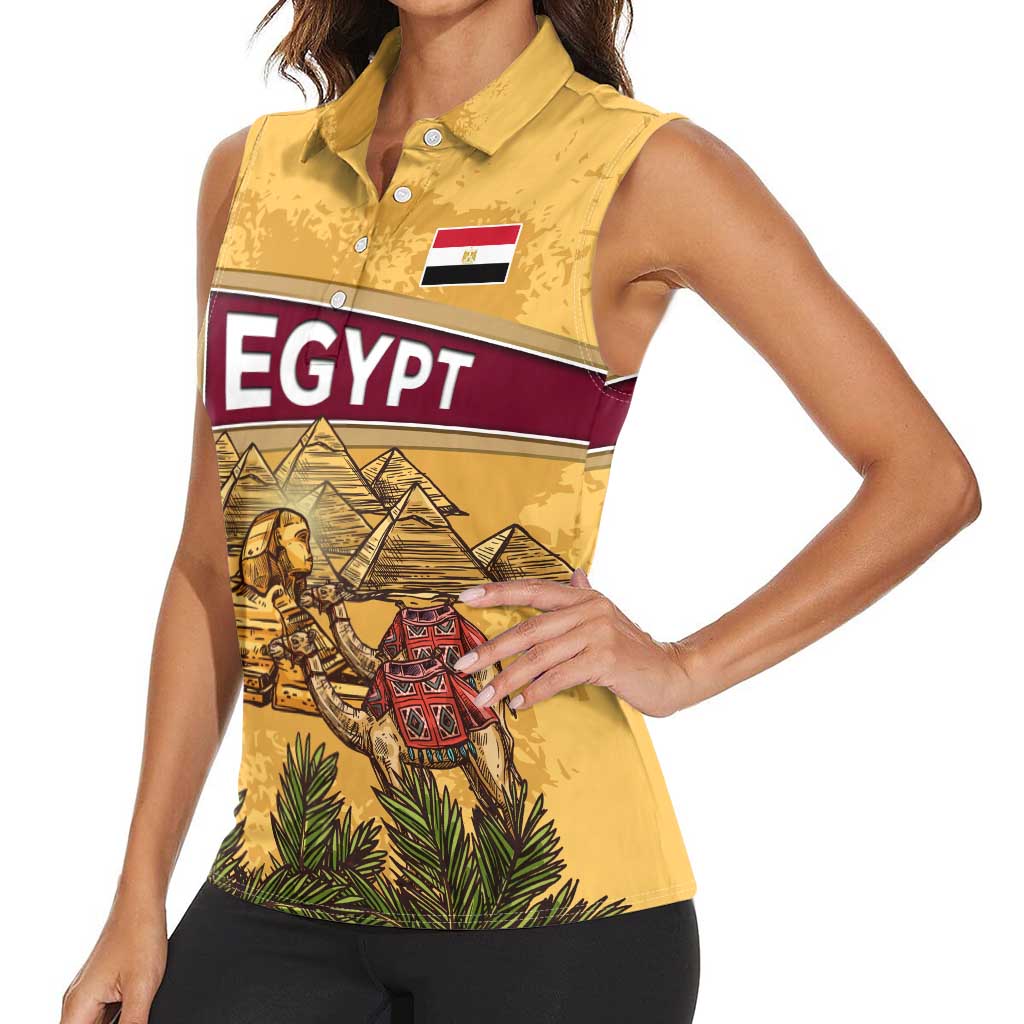 Egyptian Pyramids and Anubis Women Sleeveless Polo Shirt with Camel Caravan Desert