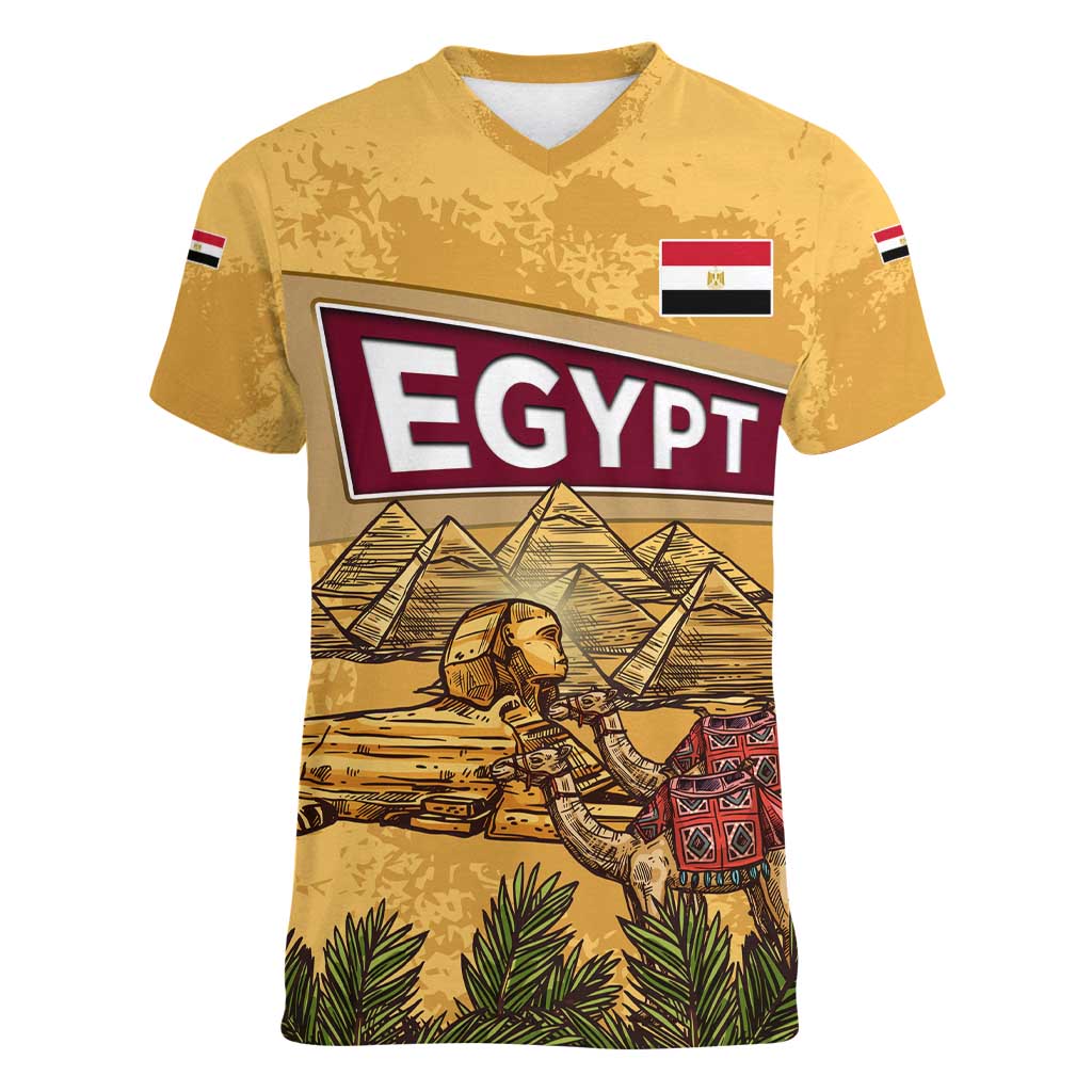 Egyptian Pyramids and Anubis Women V-Neck T-Shirt with Camel Caravan Desert